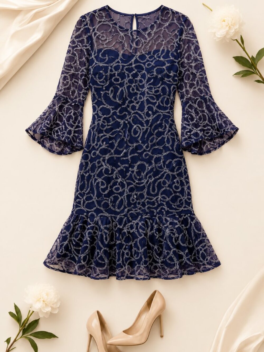 Jessica Howard Illusion-Yoke Flounce-Hem Mini Dress Size 8 Blue NWT Party Date - Picture 4 of 8